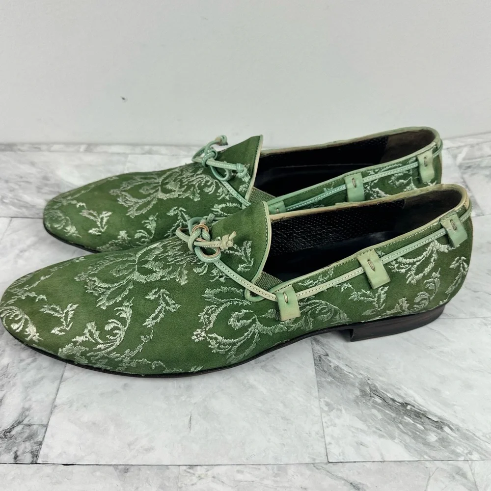 Jo Ghost Green Suede Embroidered Loafers Italy Slip On Sz 42 US 9 - Picture 4 of 14